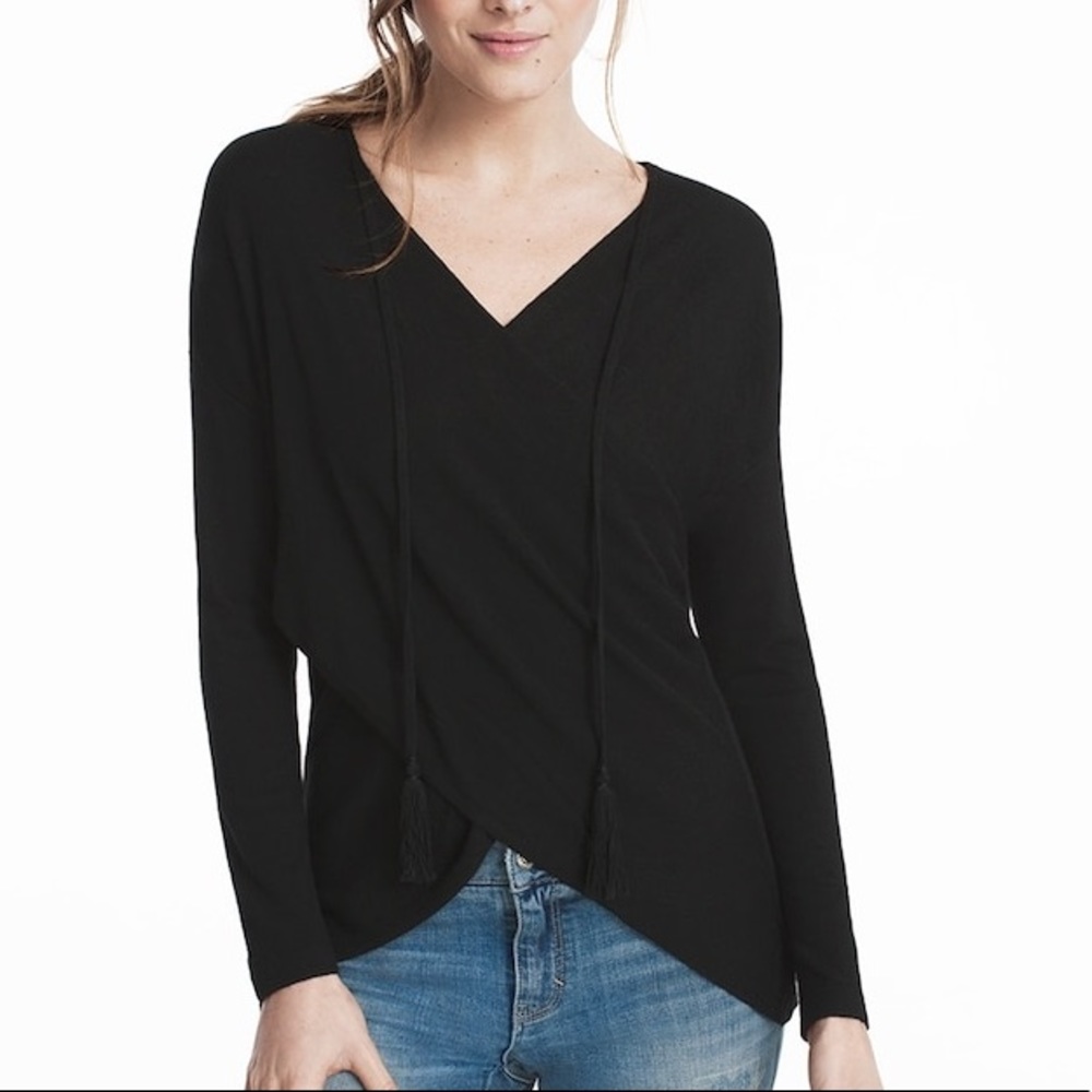 WHBM Cross Front Faux Wrap Tassel Black Sweater